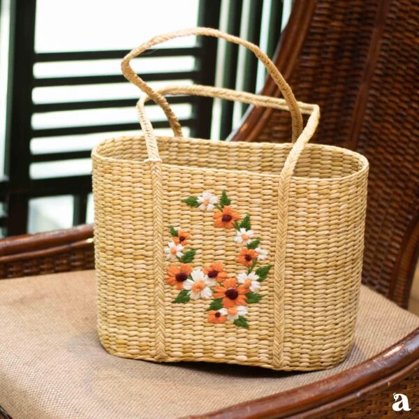 Coral - Embroidered Wicker Beach Bag - Image 2